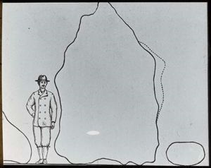 Image: Drawing. Man and the three Meteorites